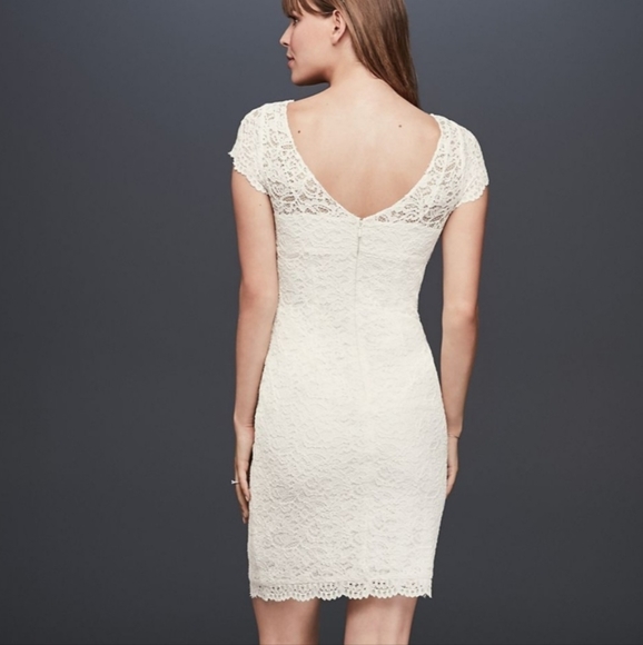 DB Studio Cap Sleeve Short Lace Sheath Wedding Dress from David's Bridal - Picture 2 of 11